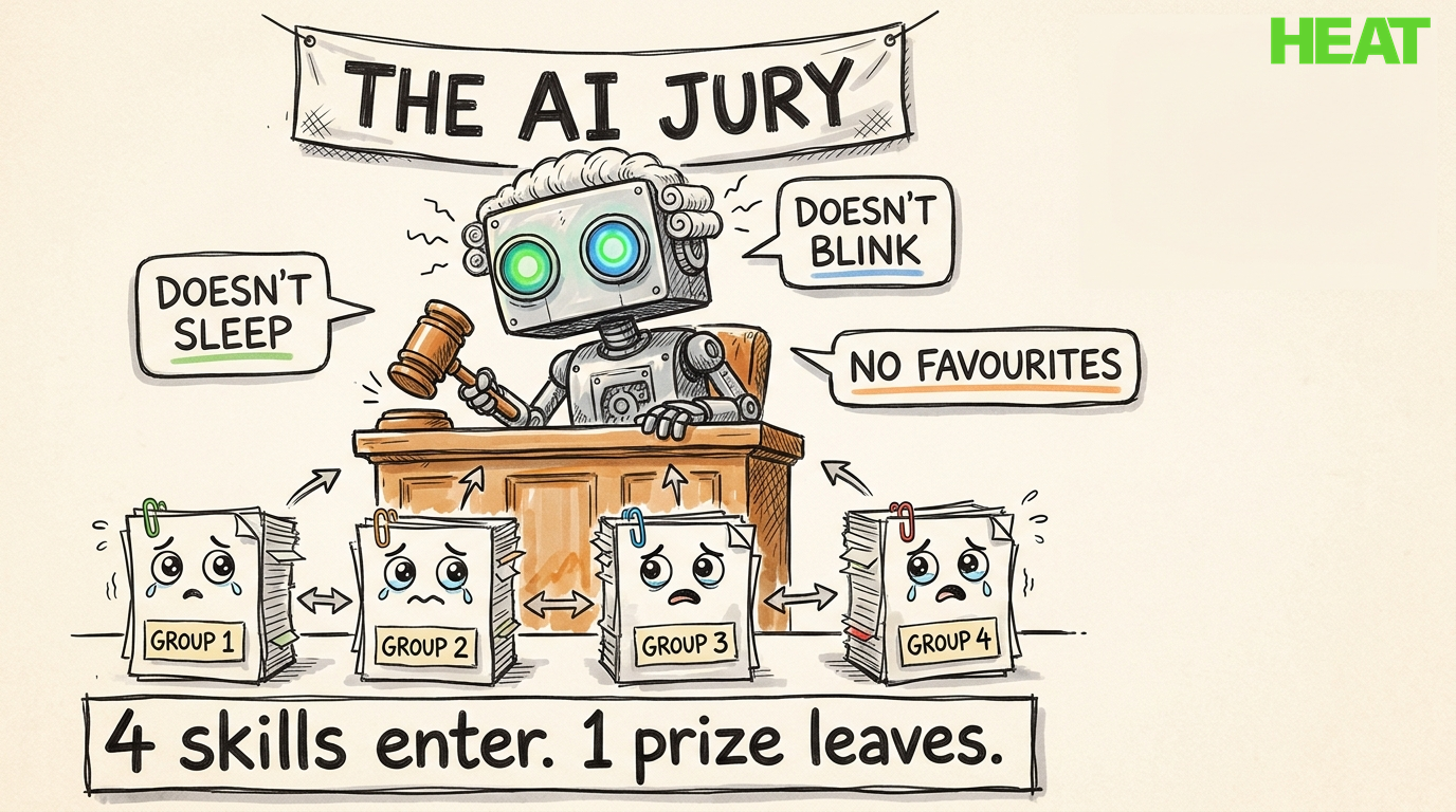 Hand-drawn robot judge with four nervous group submissions