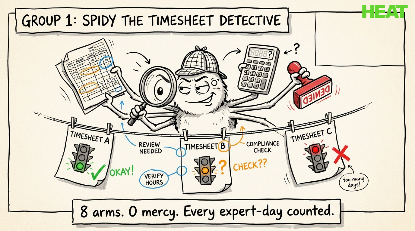 Spidy the timesheet detective spider checking hanging timesheets