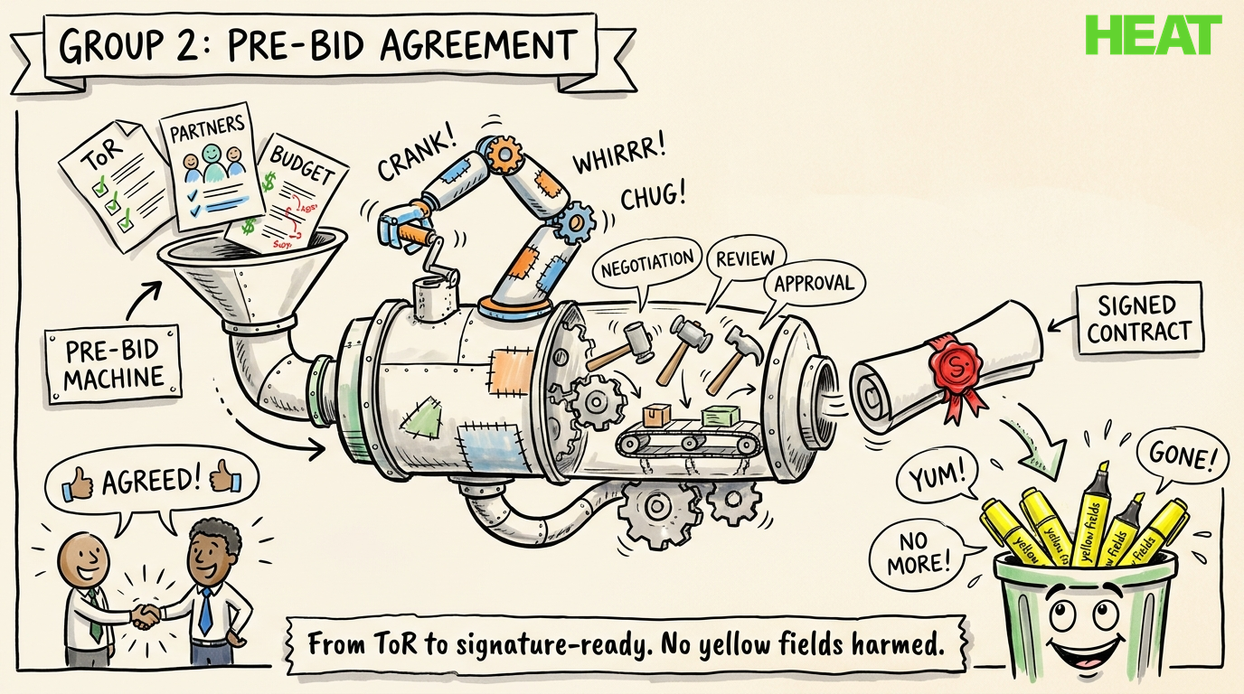 The Pre-Bid Machine turning ToR, partners and budget into a signed contract