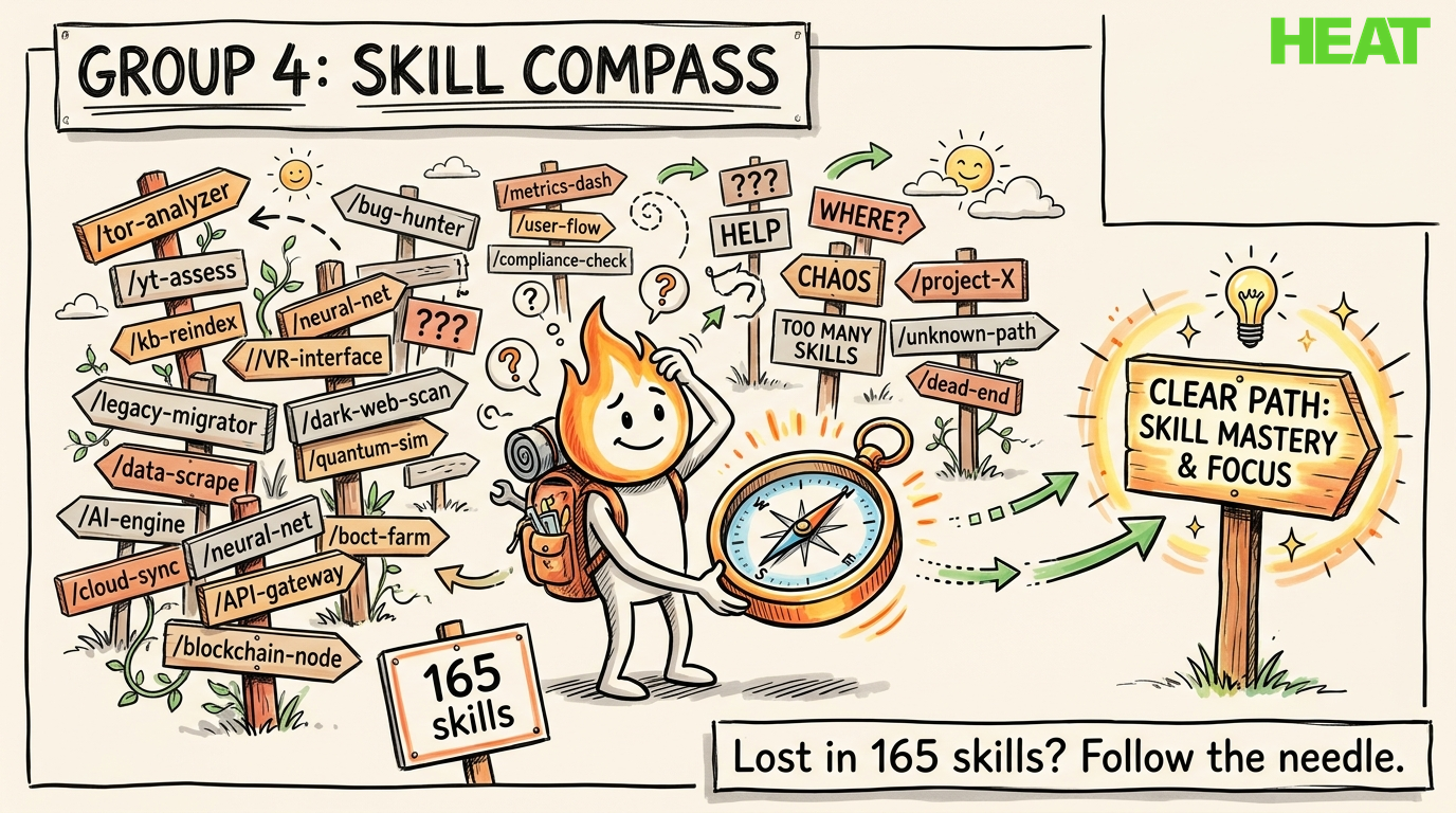 A heatie explorer with a glowing compass in a jungle of skill signposts