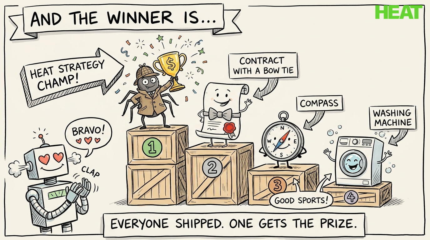 Winners podium: Spidy first, contract second, compass third, washing machine fourth